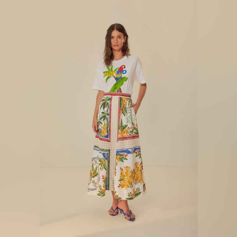 FARM Rio White Floral & Tropical Print Midi Skirt